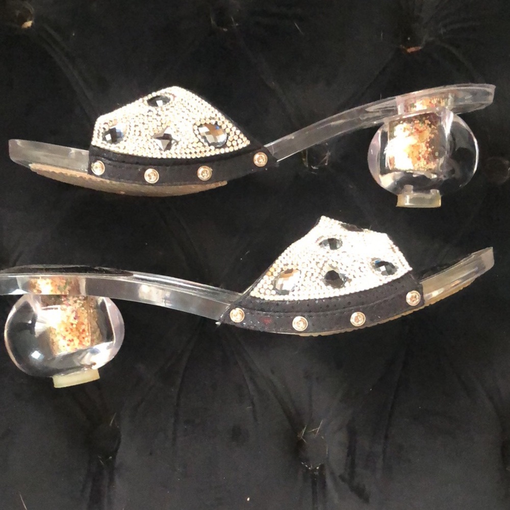 Crystal and gemstone lucite ball heel shoes